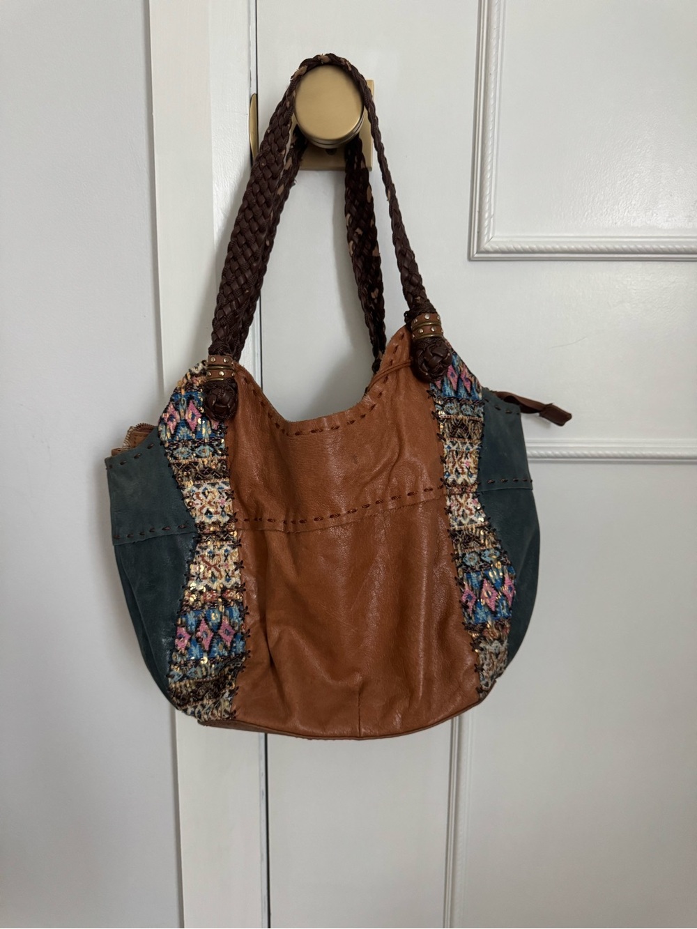 Vintage The Sak Brown and Teal Leather Shoulder Bag with Woven Trim